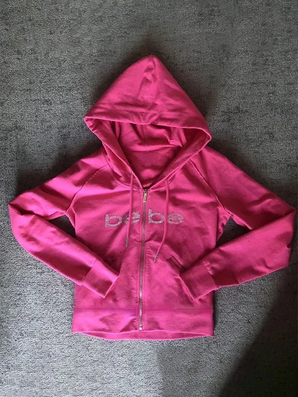 2000s Barbie Pink Hoodie with Letter Rhinestone Print and Zipper
