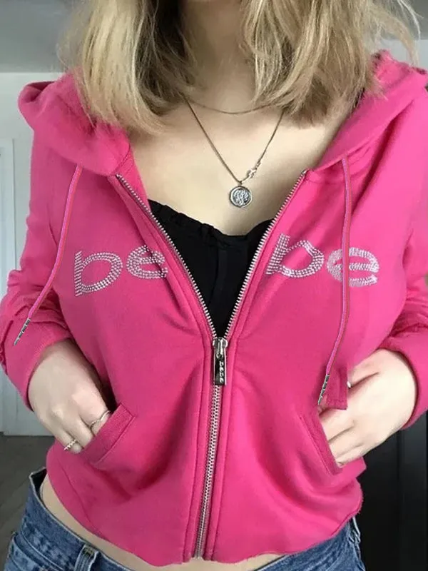 2000s Barbie Pink Hoodie with Letter Rhinestone Print and Zipper