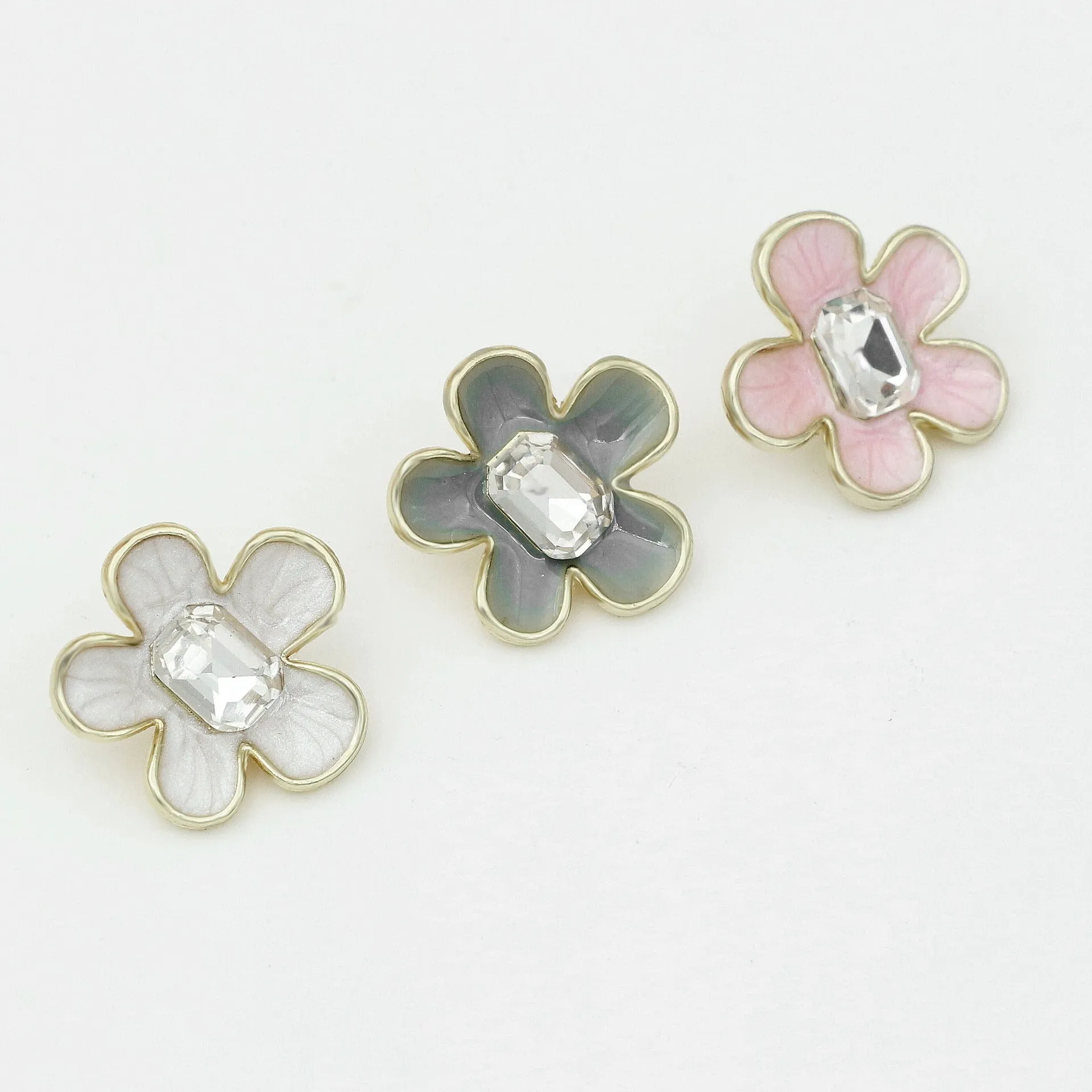 20mm White/Grey/Pink Enamel Camellia Metal Shank Buttons 48 Pack