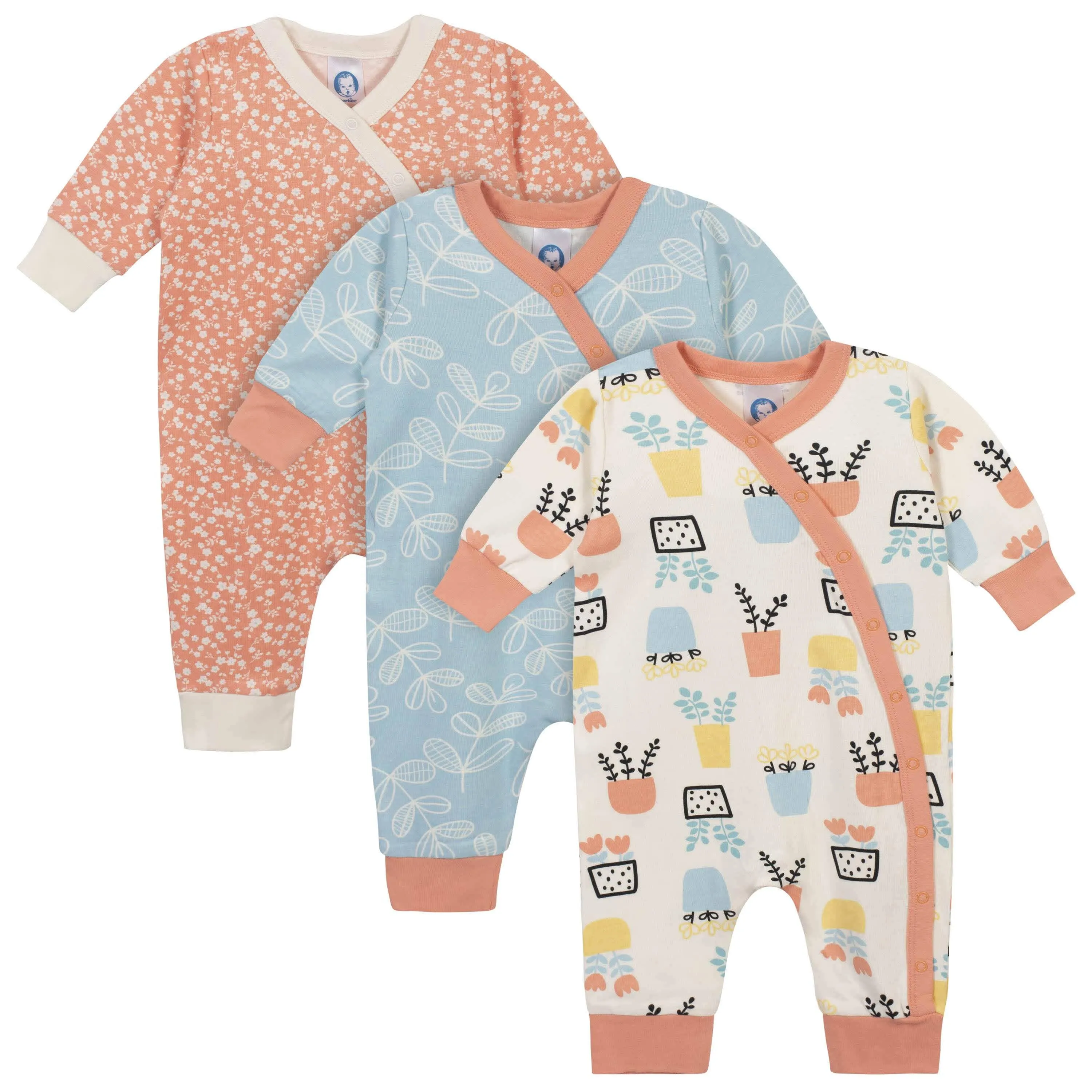 3-Piece Baby Girls Comfy Stretch Flower Pot Coverall Set
