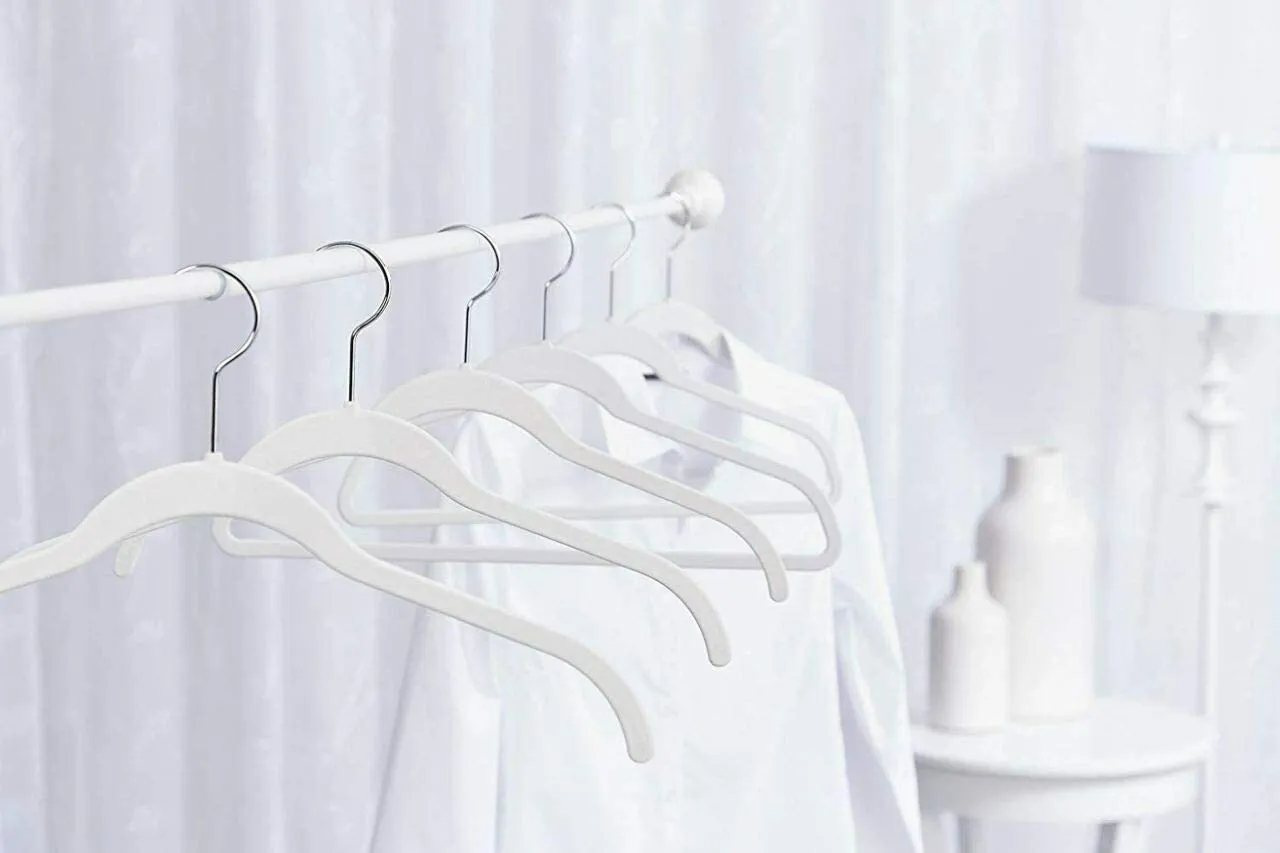 43cm Slim-Line White Velvet Coat Hanger with Chrome Hook Sold in Bundles of 50/100