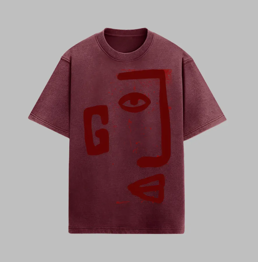 Acid Wash Face Maroon Oversized T-Shirt For Men