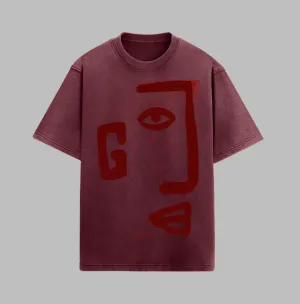 Acid Wash Face Maroon Oversized T-Shirt For Men