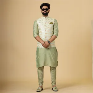 Alluring Lemon-Yellow Thread Embroidered Silk Half Jodhpuri Jacket with Lime Green Kurta-Pajama for Men