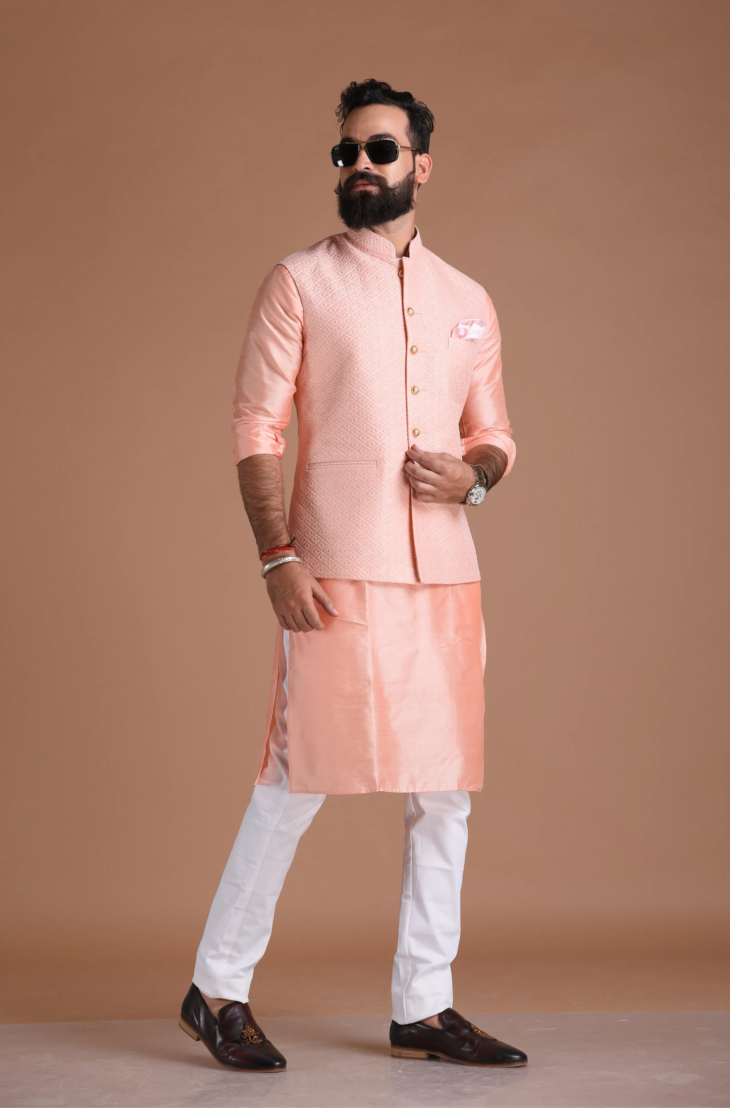 Alluring Pink Embroidered Half Jodhpuri Jacket with Kurta Pajama Set