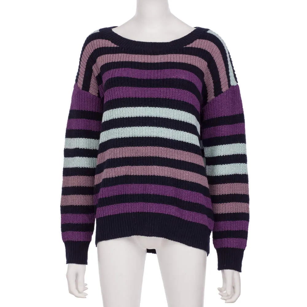 Autumn and Winter New Blue Multicolor Striped Loose Knit Sweater