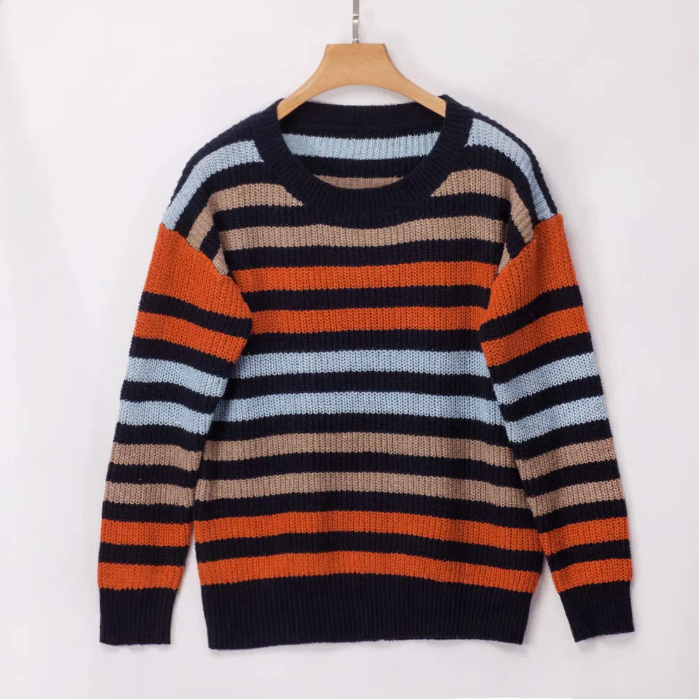 Autumn and Winter New Blue Multicolor Striped Loose Knit Sweater