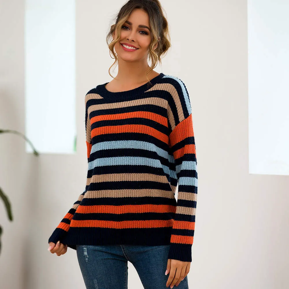 Autumn and Winter New Blue Multicolor Striped Loose Knit Sweater
