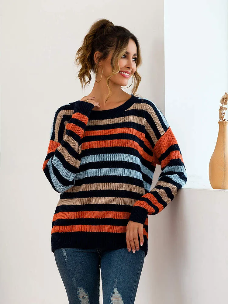 Autumn and Winter New Blue Multicolor Striped Loose Knit Sweater