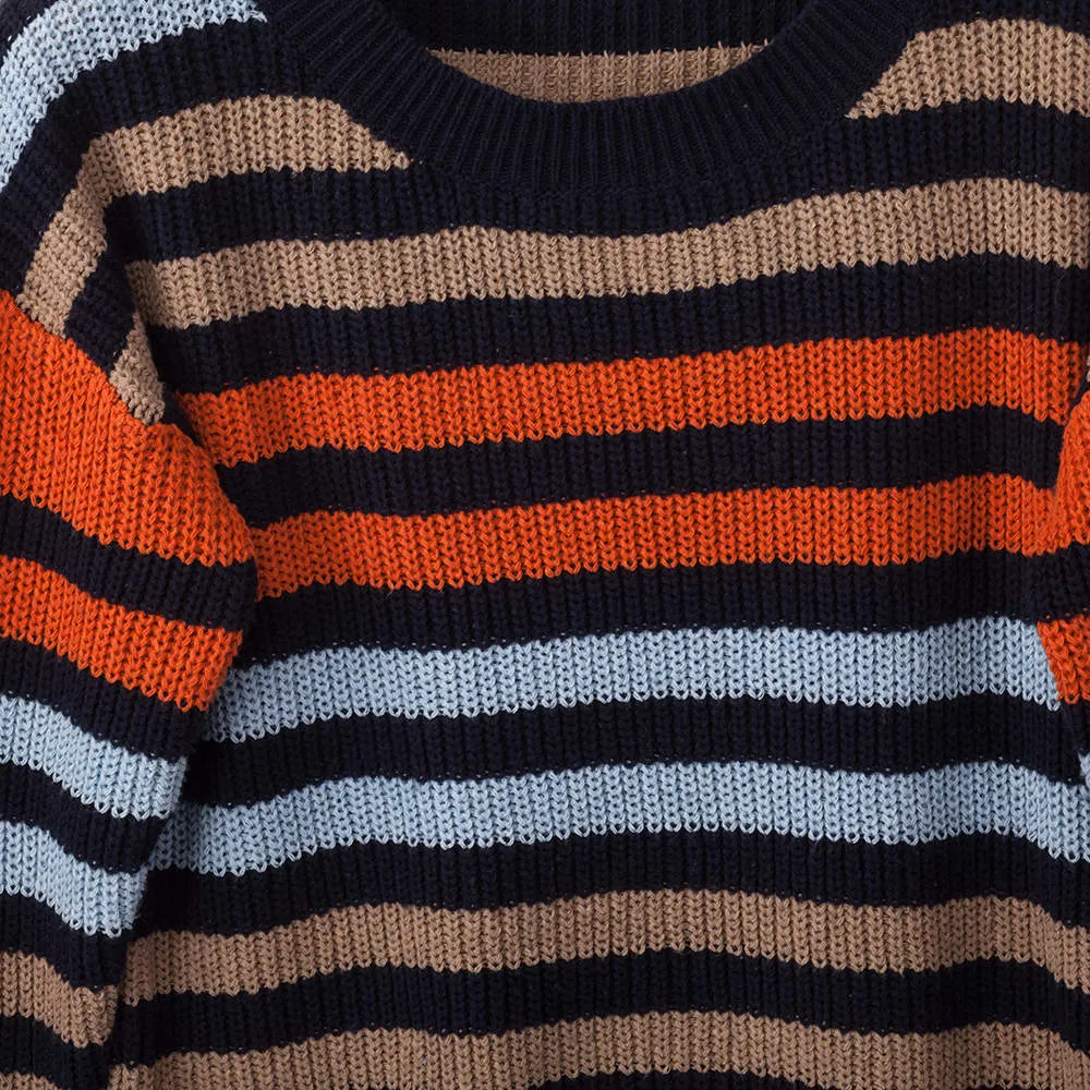 Autumn and Winter New Blue Multicolor Striped Loose Knit Sweater