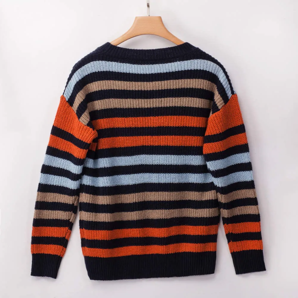 Autumn and Winter New Blue Multicolor Striped Loose Knit Sweater