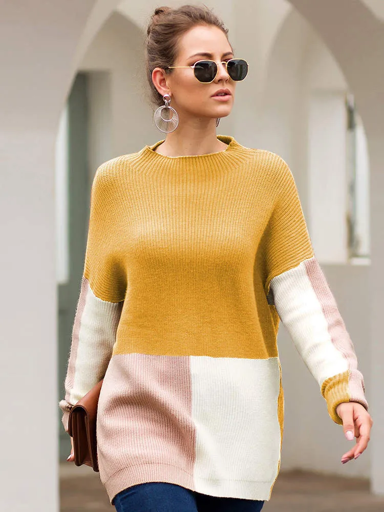 Autumn and Winter New Sweater Three-color Stitching Loose Lazy Wind Sweater Women's Clothing