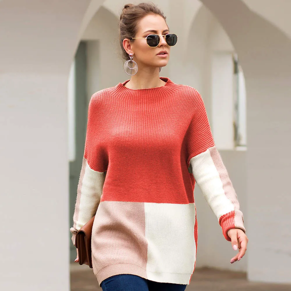 Autumn and Winter New Sweater Three-color Stitching Loose Lazy Wind Sweater Women's Clothing