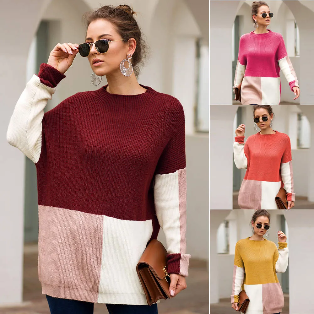 Autumn and Winter New Sweater Three-color Stitching Loose Lazy Wind Sweater Women's Clothing