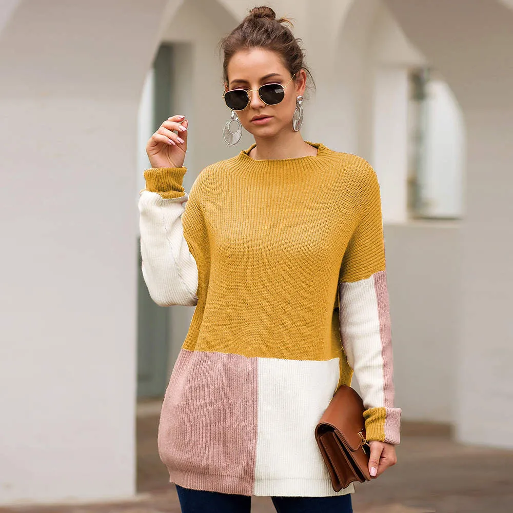 Autumn and Winter New Sweater Three-color Stitching Loose Lazy Wind Sweater Women's Clothing