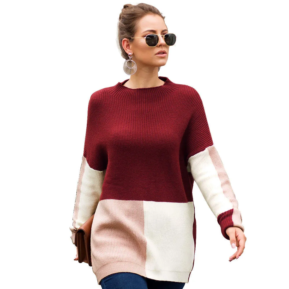 Autumn and Winter New Sweater Three-color Stitching Loose Lazy Wind Sweater Women's Clothing