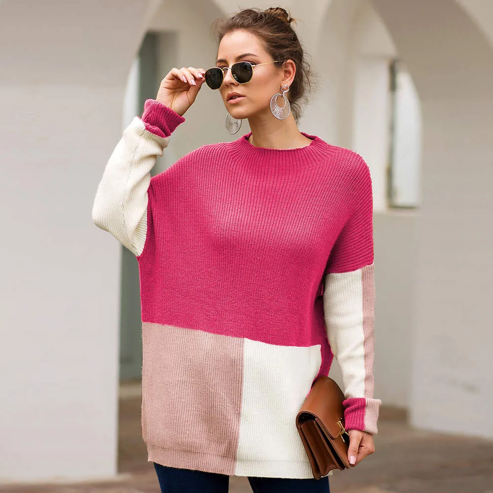 Autumn and Winter New Sweater Three-color Stitching Loose Lazy Wind Sweater Women's Clothing