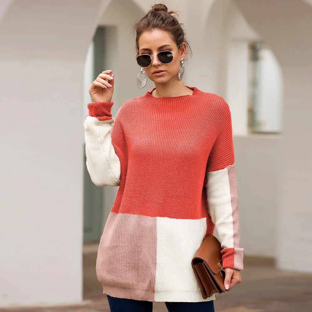 Autumn and Winter New Sweater Three-color Stitching Loose Lazy Wind Sweater Women's Clothing