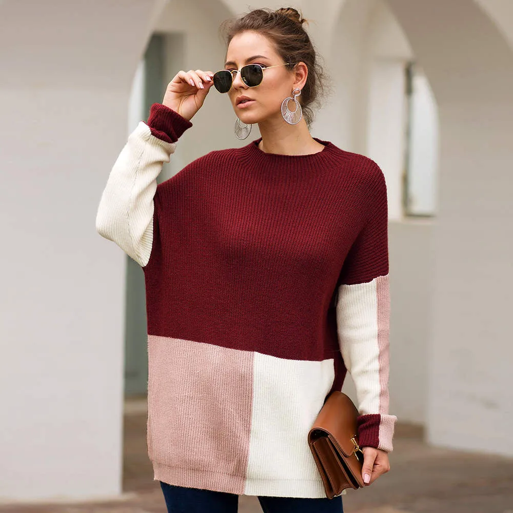Autumn and Winter New Sweater Three-color Stitching Loose Lazy Wind Sweater Women's Clothing