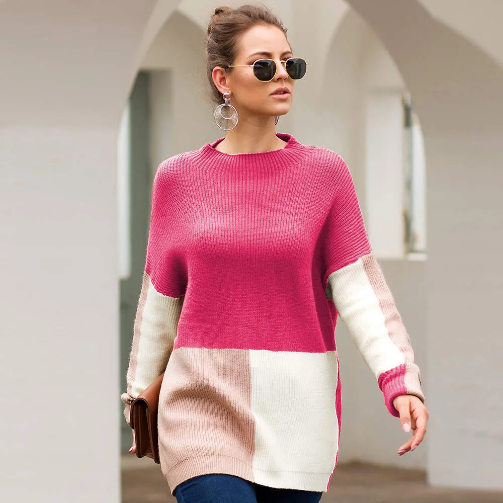 Autumn and Winter New Sweater Three-color Stitching Loose Lazy Wind Sweater Women's Clothing