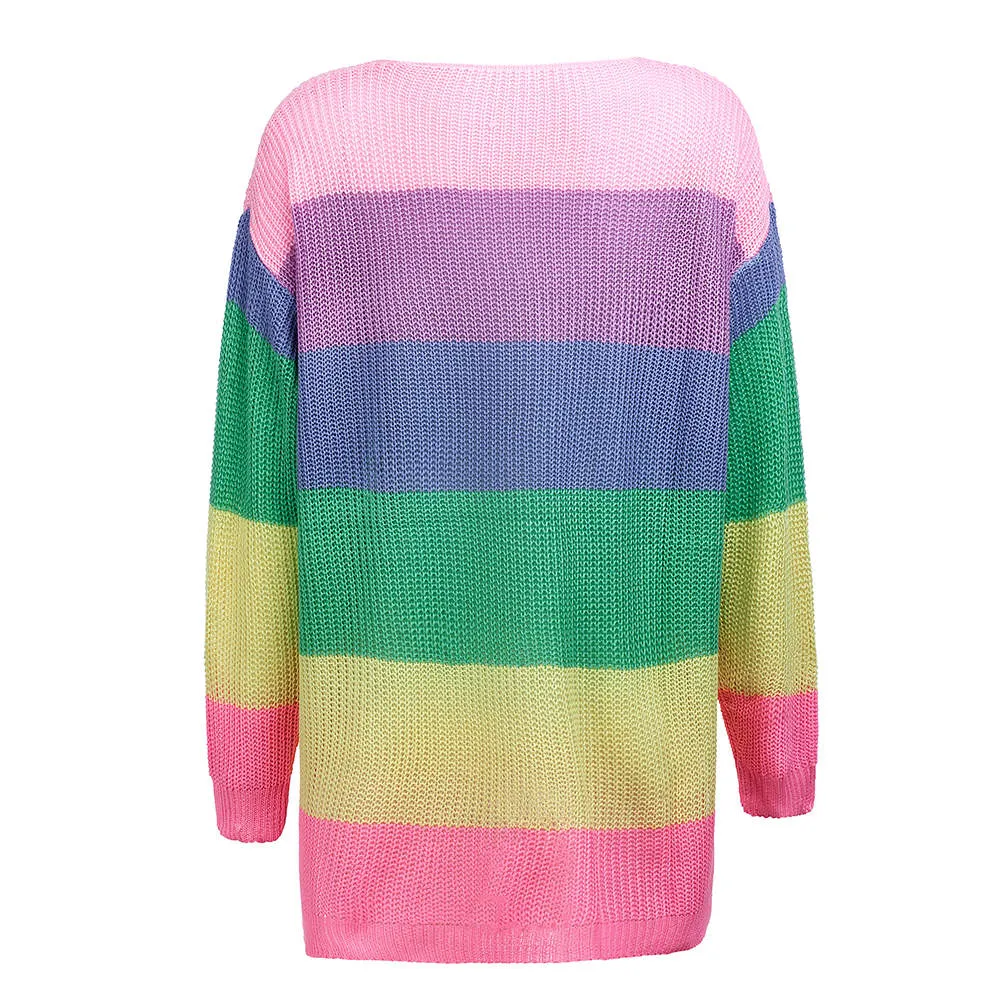 Autumn and Winter Sweaters New Rainbow Color Matching Loose Long Sleeve Pullover Sweater Women