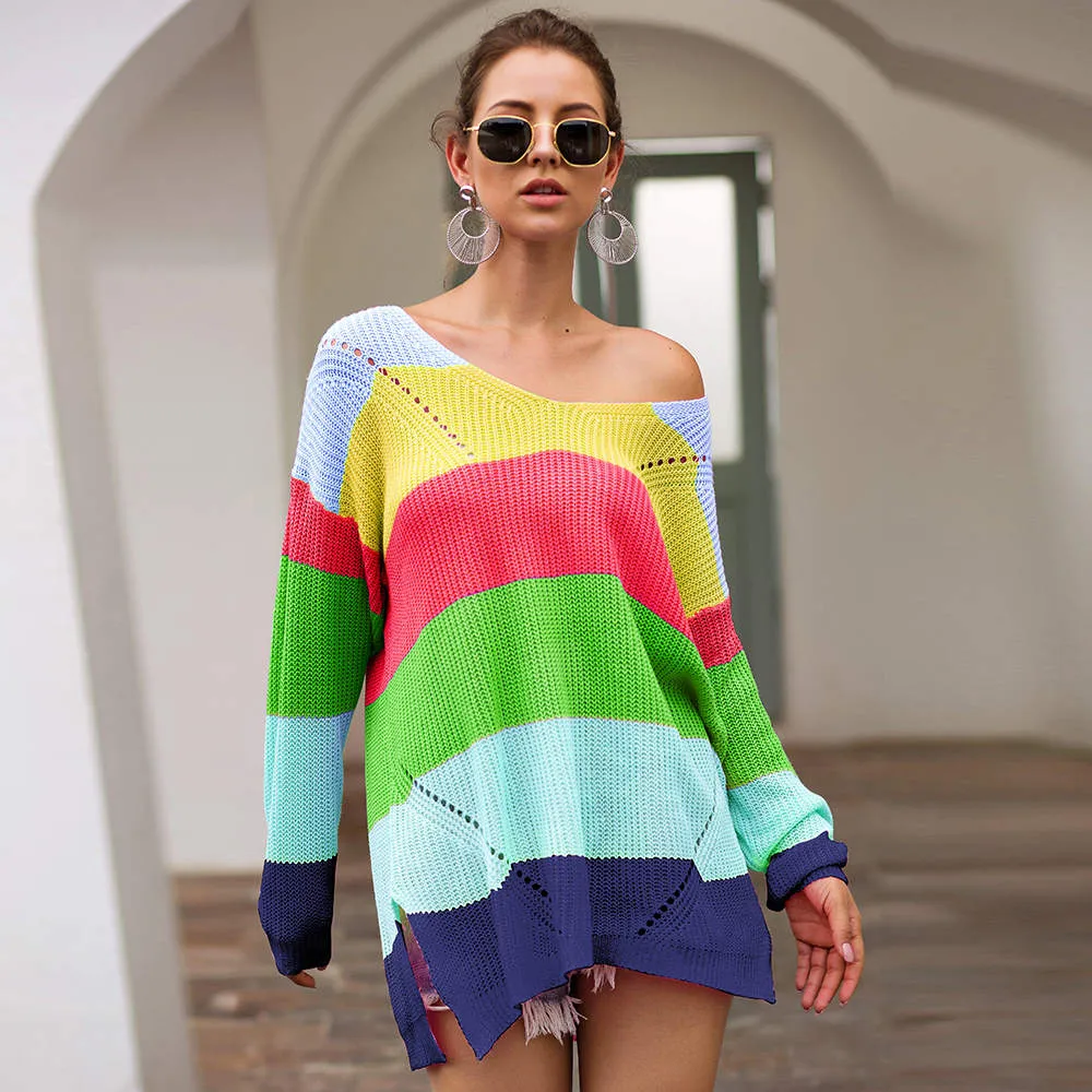 Autumn and Winter Sweaters New Rainbow Color Matching Loose Long Sleeve Pullover Sweater Women
