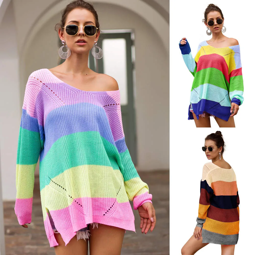Autumn and Winter Sweaters New Rainbow Color Matching Loose Long Sleeve Pullover Sweater Women
