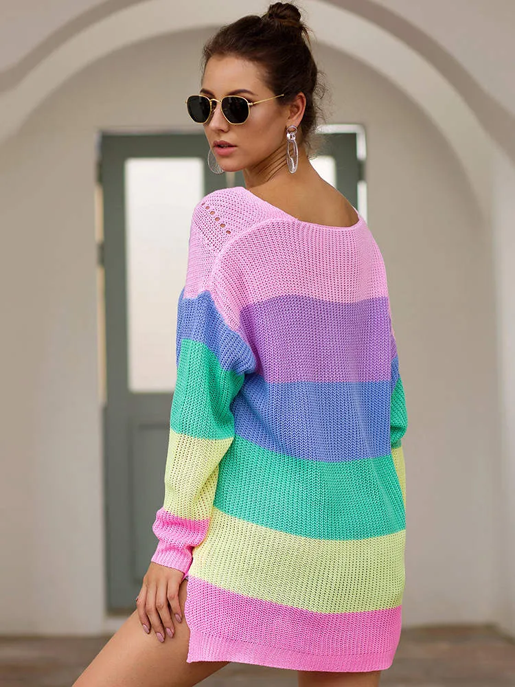 Autumn and Winter Sweaters New Rainbow Color Matching Loose Long Sleeve Pullover Sweater Women
