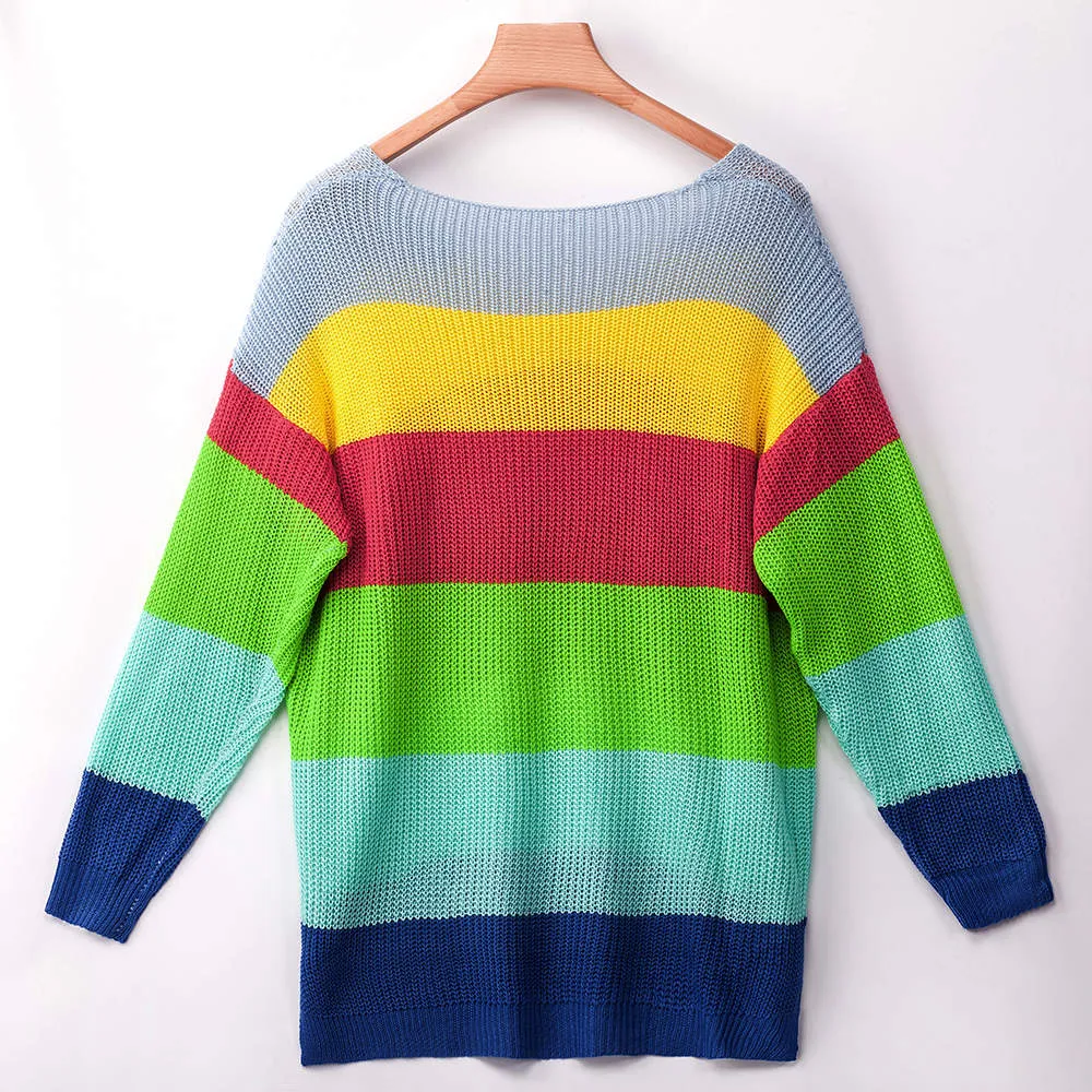 Autumn and Winter Sweaters New Rainbow Color Matching Loose Long Sleeve Pullover Sweater Women