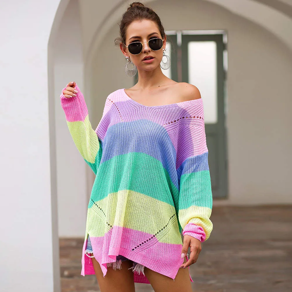Autumn and Winter Sweaters New Rainbow Color Matching Loose Long Sleeve Pullover Sweater Women