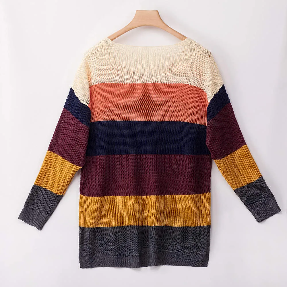Autumn and Winter Sweaters New Rainbow Color Matching Loose Long Sleeve Pullover Sweater Women