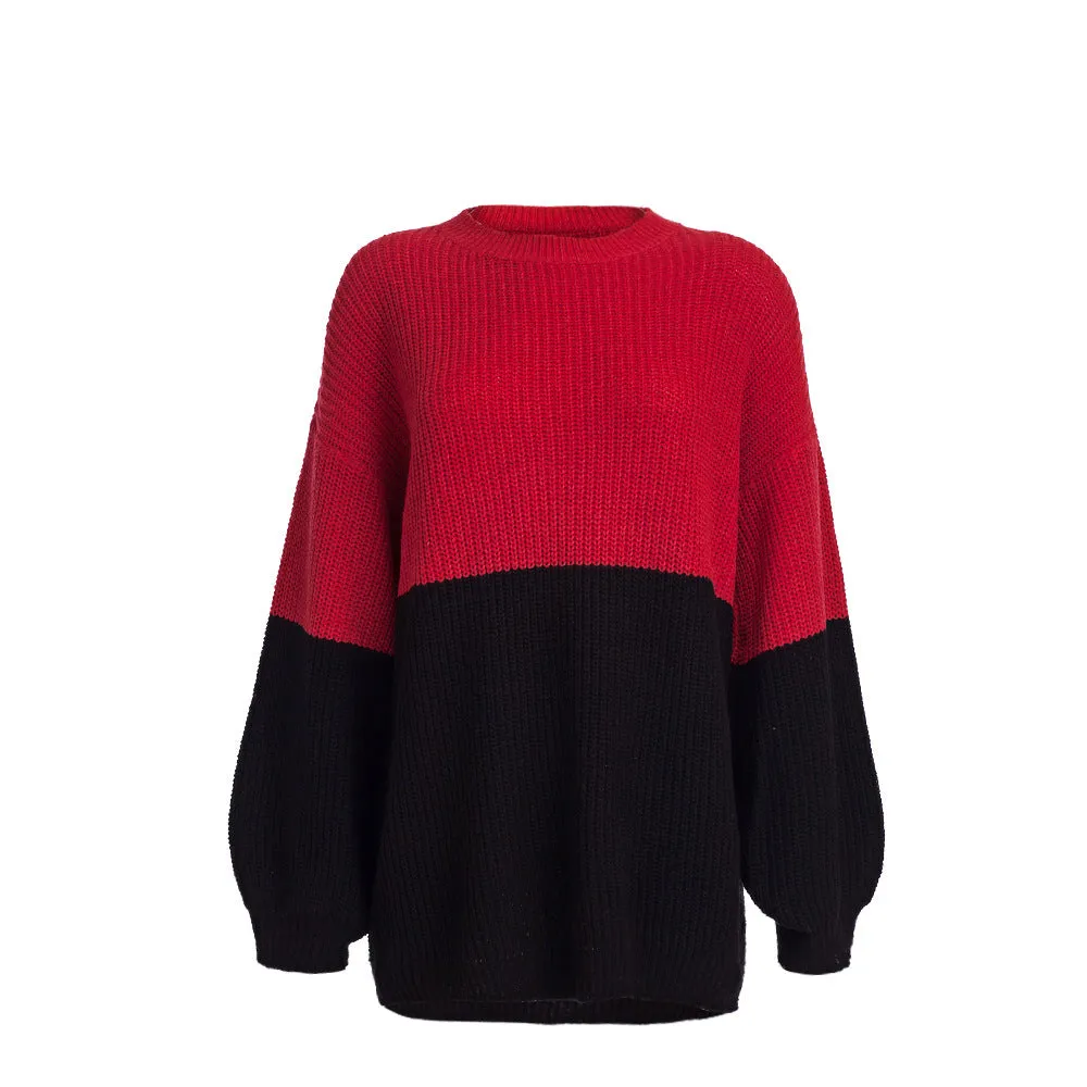 Autumn and Winter Sweaters Stitching Contrast Color Loose Lazy Wind Sweater Women's Clothing