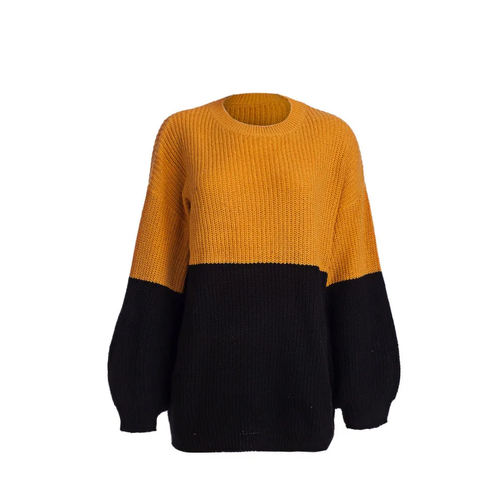 Autumn and Winter Sweaters Stitching Contrast Color Loose Lazy Wind Sweater Women's Clothing