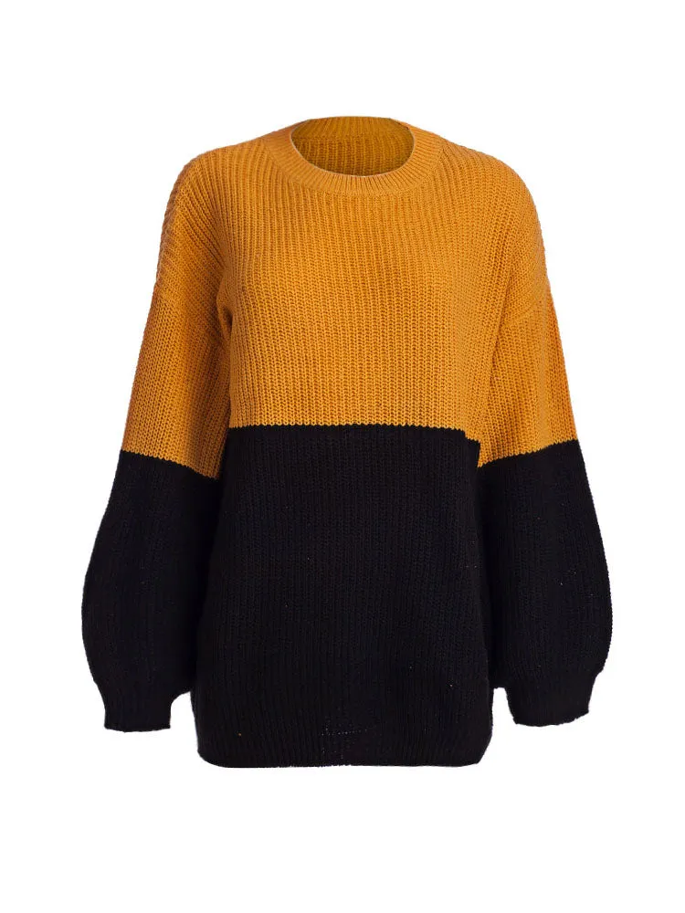 Autumn and Winter Sweaters Stitching Contrast Color Loose Lazy Wind Sweater Women's Clothing