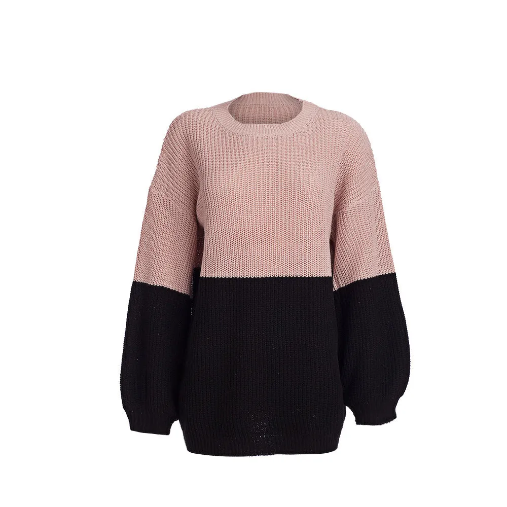 Autumn and Winter Sweaters Stitching Contrast Color Loose Lazy Wind Sweater Women's Clothing
