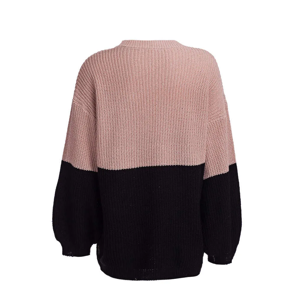 Autumn and Winter Sweaters Stitching Contrast Color Loose Lazy Wind Sweater Women's Clothing