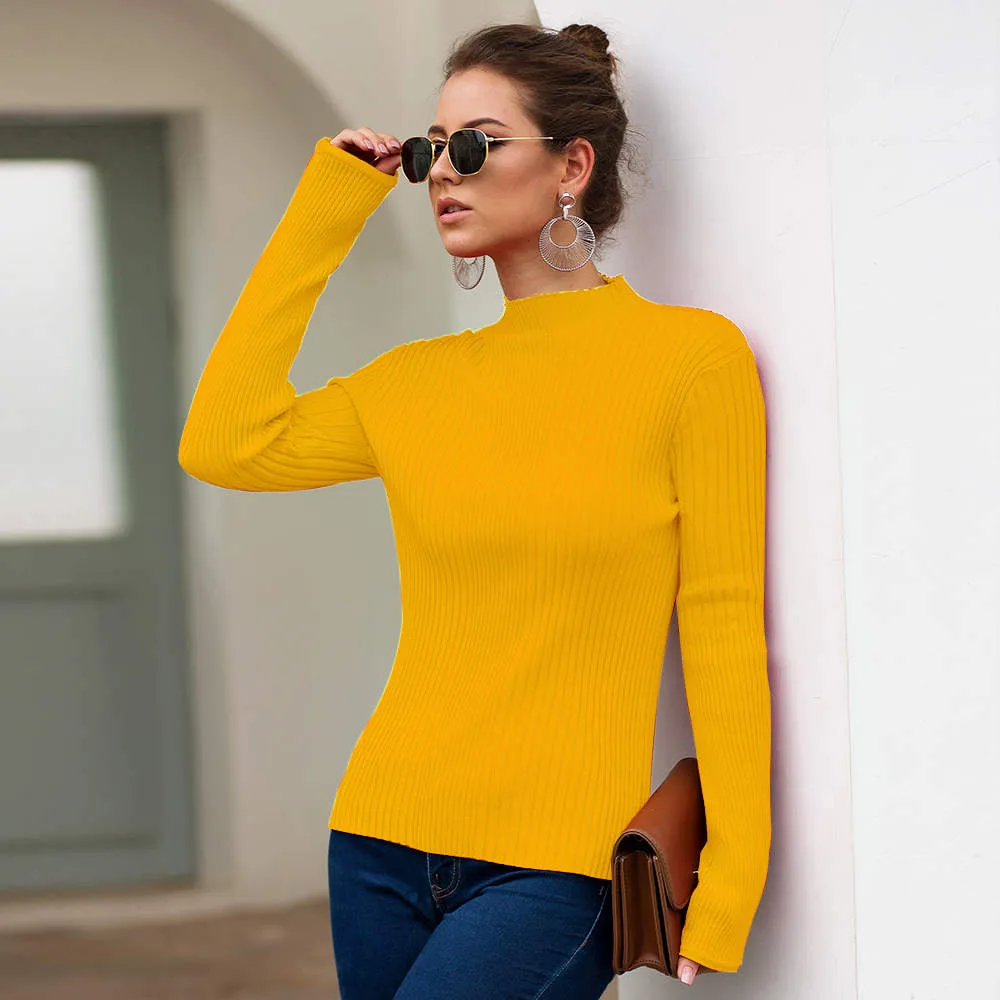 Autumn and Winter Women's Four-color Slim Temperament Half-high Collar Sweater Top