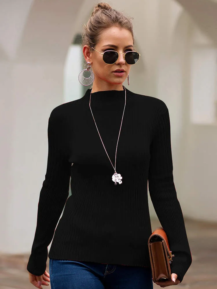 Autumn and Winter Women's Four-color Slim Temperament Half-high Collar Sweater Top