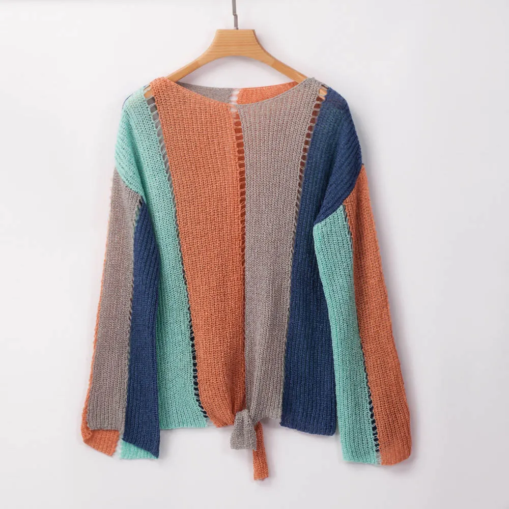 Autumn and Winter Women's Long-sleeved Color Matching Loose Sweater