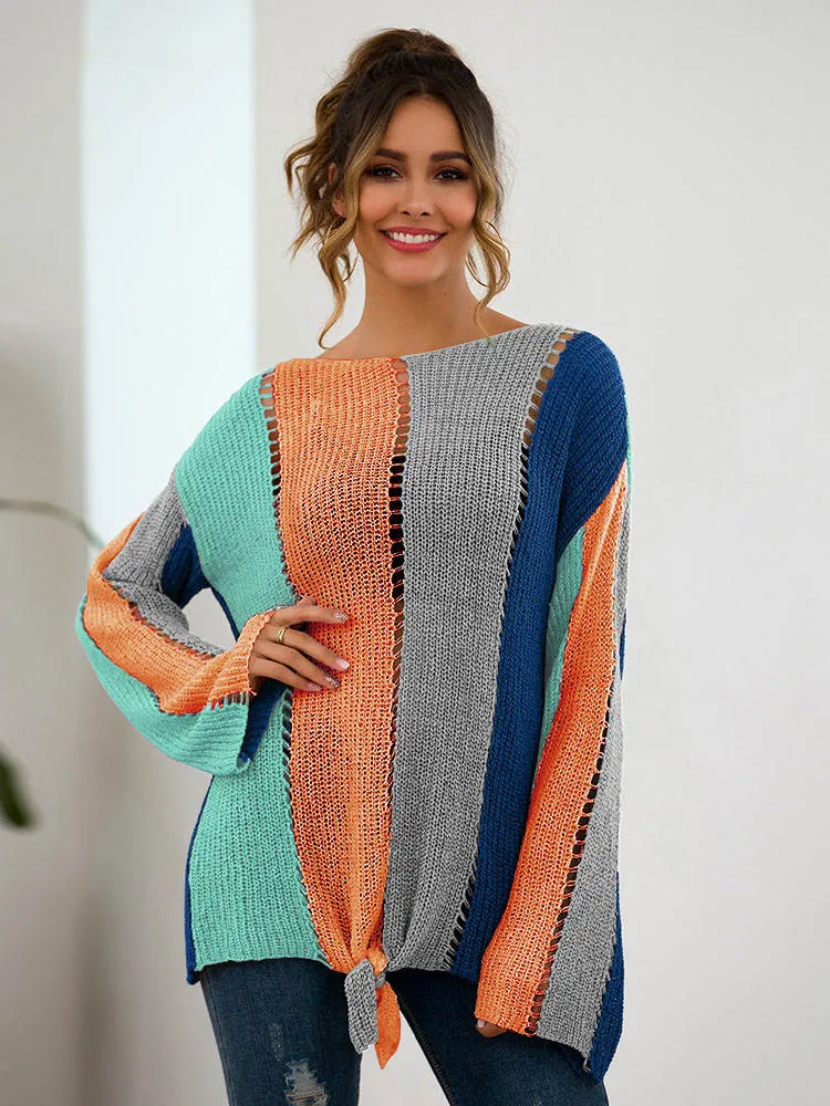 Autumn and Winter Women's Long-sleeved Color Matching Loose Sweater