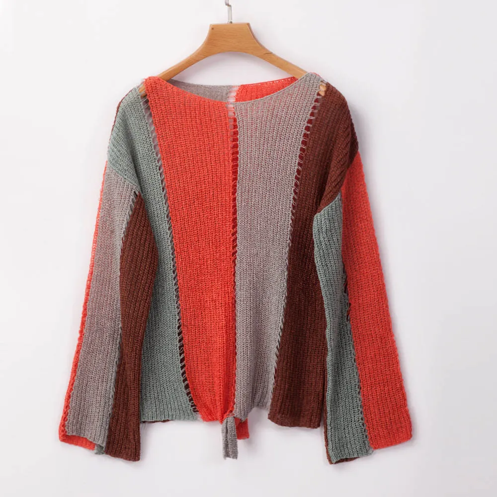 Autumn and Winter Women's Long-sleeved Color Matching Loose Sweater