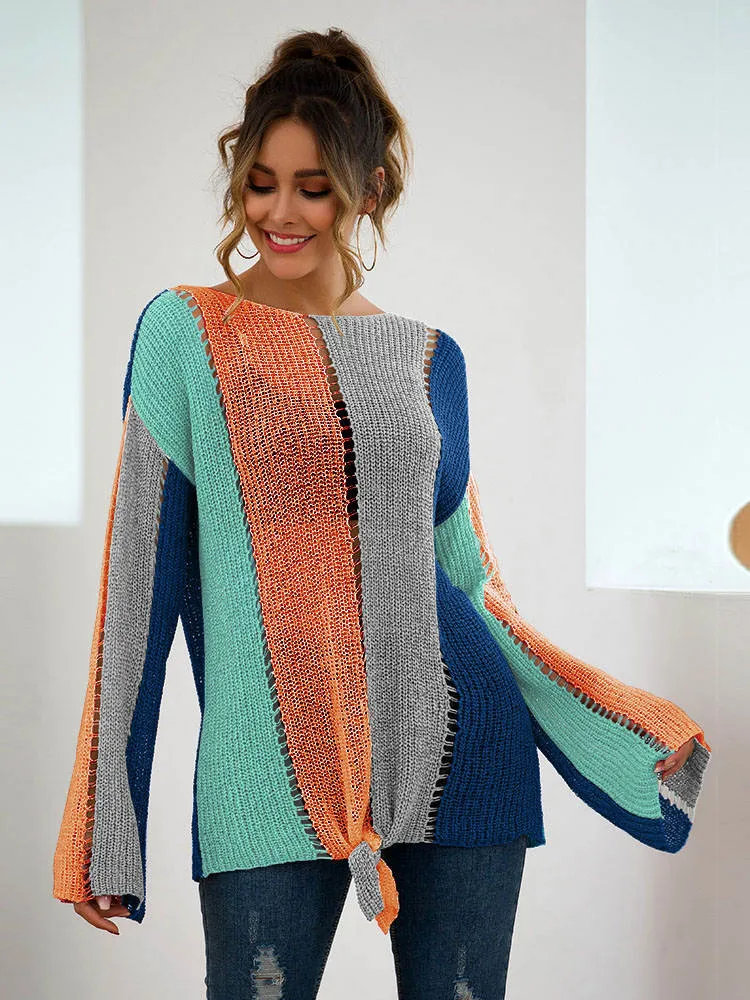 Autumn and Winter Women's Long-sleeved Color Matching Loose Sweater