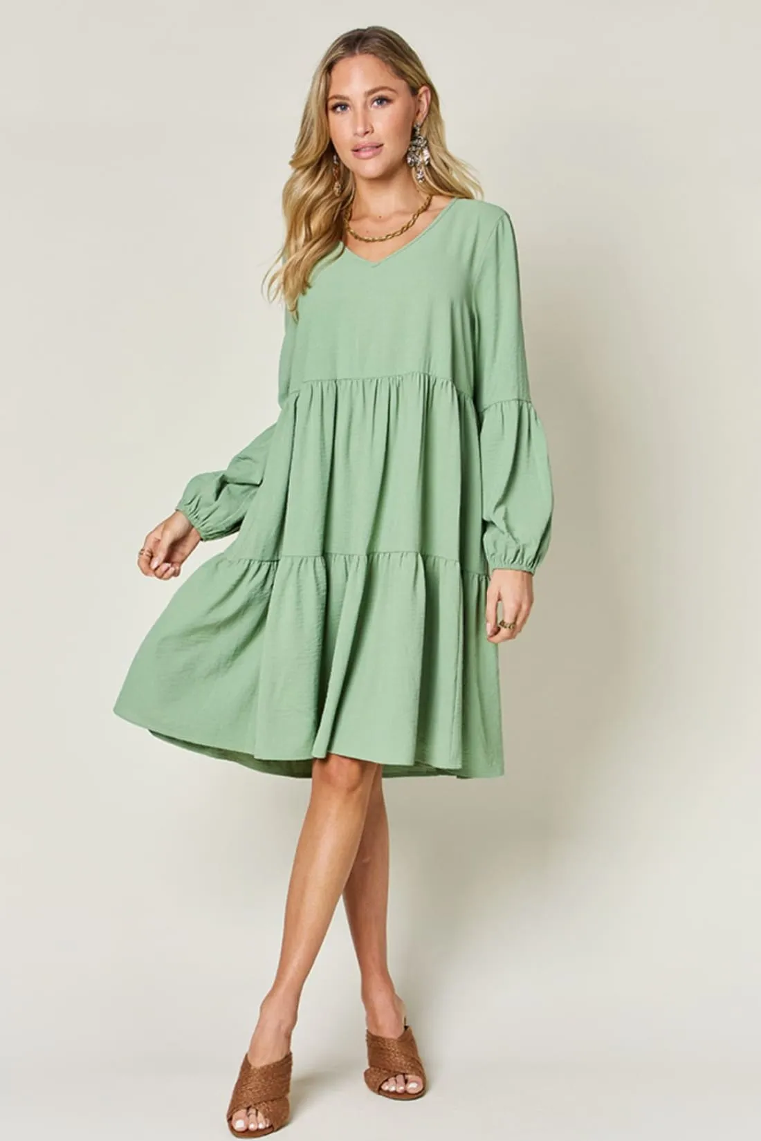 Balloon Sleeve Tiered Dress with Pockets