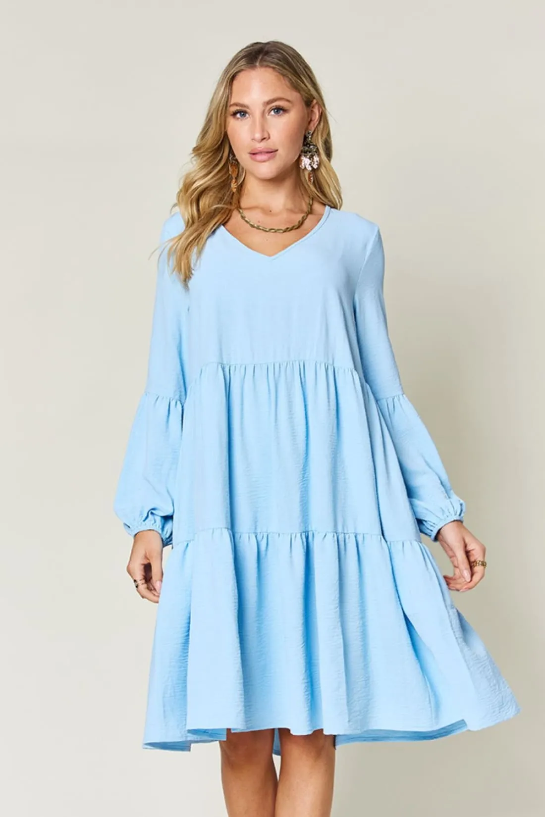 Balloon Sleeve Tiered Dress with Pockets