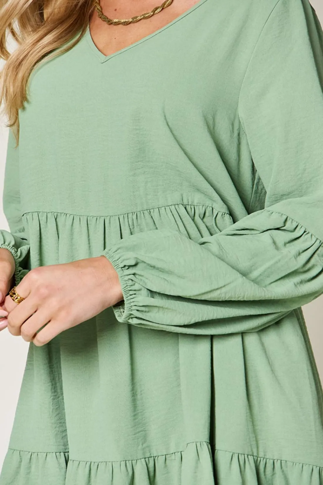 Balloon Sleeve Tiered Dress with Pockets