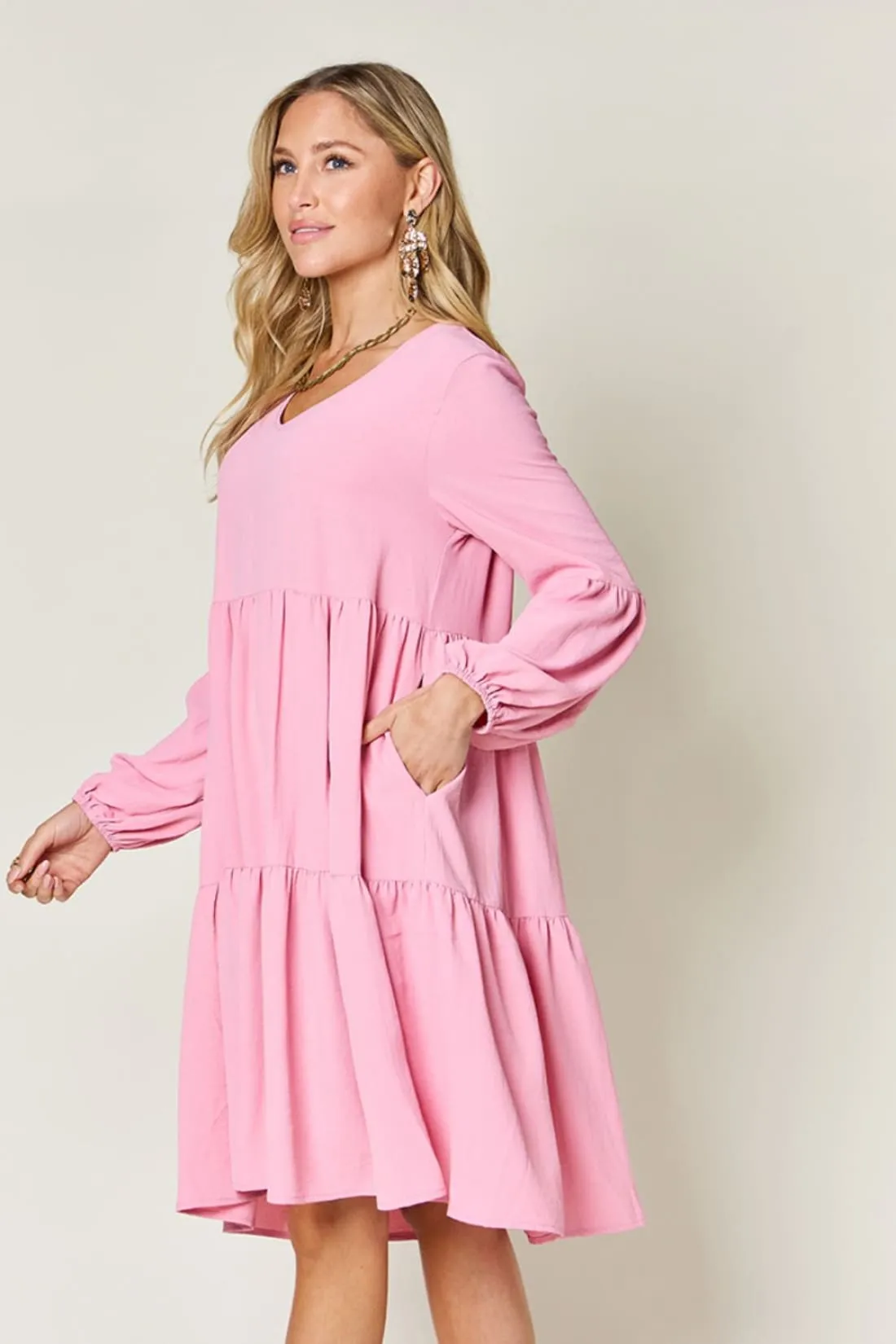 Balloon Sleeve Tiered Dress with Pockets