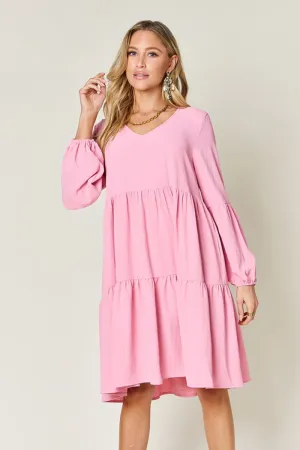 Balloon Sleeve Tiered Dress with Pockets