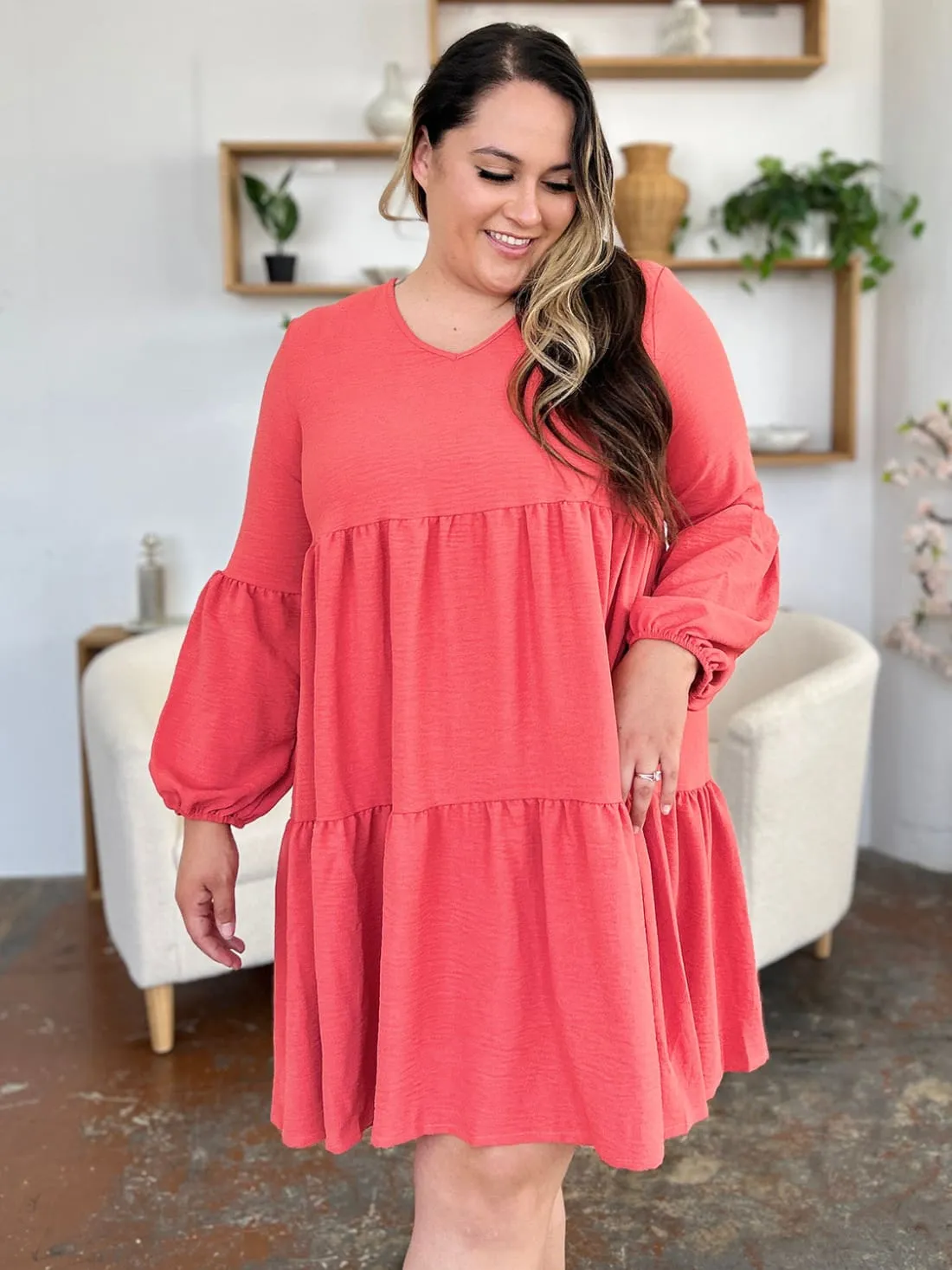 Balloon Sleeve Tiered Dress with Pockets