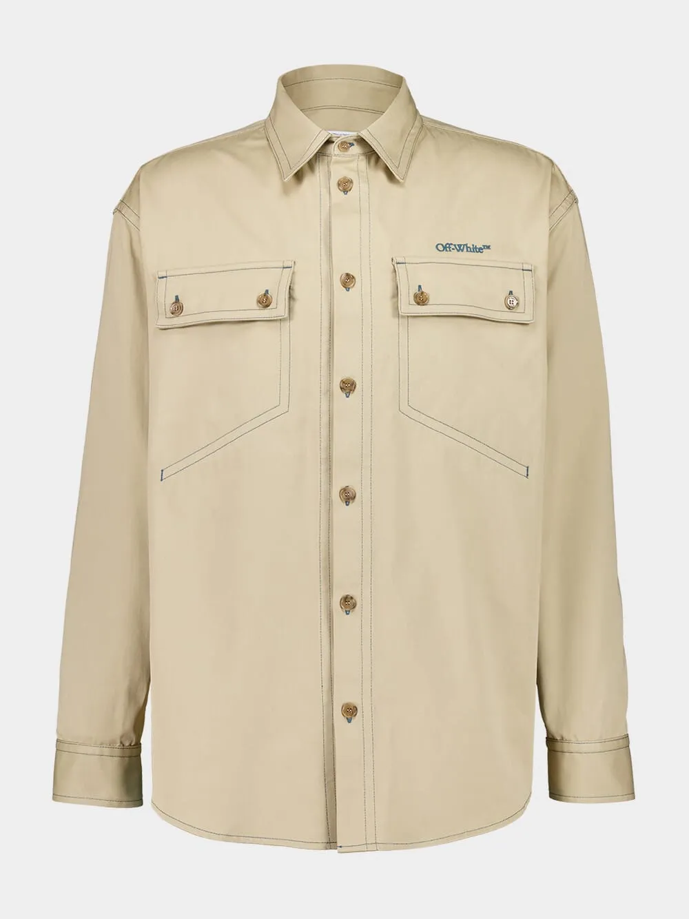 Beige Overshirt in Cotton with Stitch Details