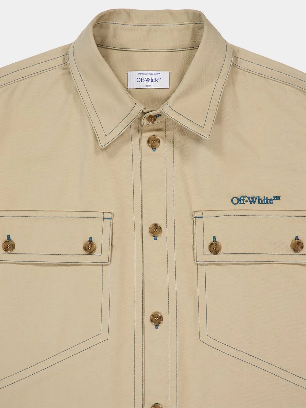 Beige Overshirt in Cotton with Stitch Details